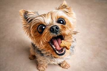 Excited Yorkshire Terrier with Treat in Mouth &ndash; Cute Funny Pet Portrait