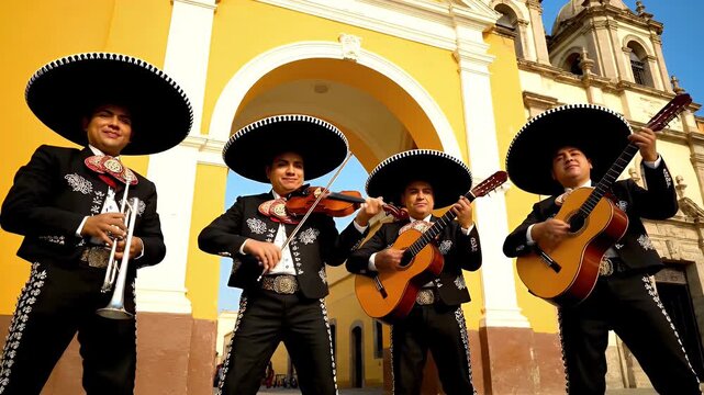 Mariachi Band Performing Outside Mexican Church.