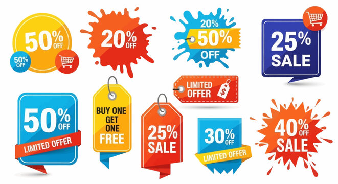 Assorted promotional labels and tags with discount offers and limited time deals displayed prominently