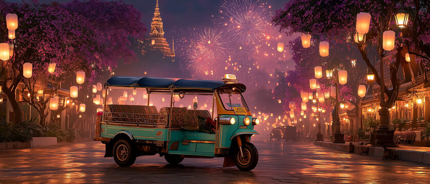 AI generator images of Tuk-tuks are a symbol of tourism in Thailand, especially during the Loy Krathong festival, which may coincide with Loy Krathong, when they are widely used by tourists.