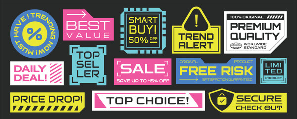 Naklejka premium Set of y2k retro future sale stickers, badges, patchs, tags collection.