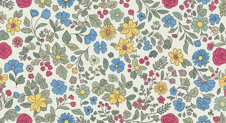 Naklejka premium Vibrant floral pattern with leaves and flowers in diverse colors and shapes, illustration, close-up view