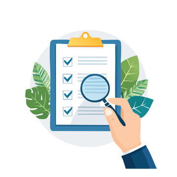 Document review with magnifying glass and check marks on a clipboard