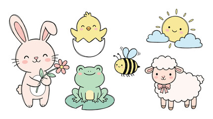 Adorable cartoon bunny, frog, sheep, bee, chick, and sun illustration.