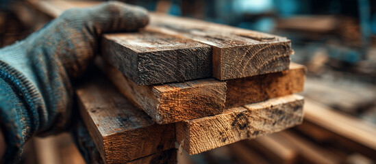 hand holding stacked lumber planks