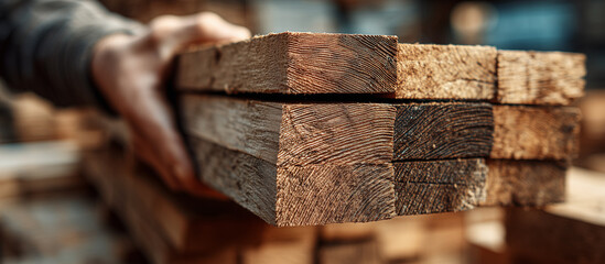hand holding stacked lumber planks