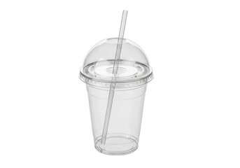 A clear plastic cup with a lid and straw, perfect for cold beverages. isolated on transparent background