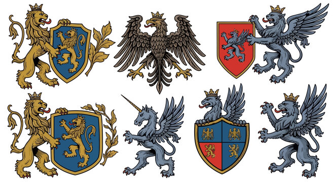 Medieval Heraldic Beasts and Shield Crests Vector Illustration Collection