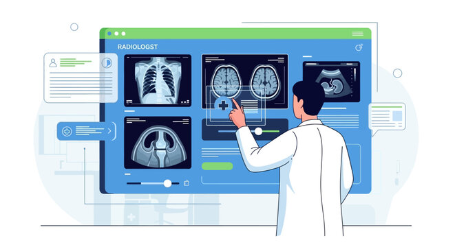 Doctor analyzing medical images on a large computer screen with various scans displayed