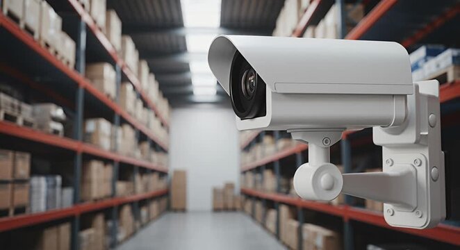 Warehouse surveillance system active security camera monitoring inventory stock storage security camera.