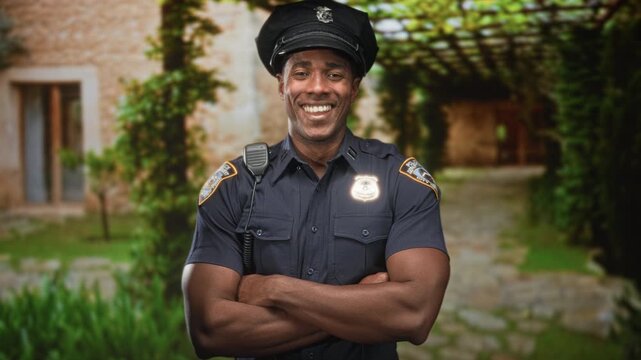 Man in police uniform with arms crossed inside a stone building courtyard, radio and badge visible; confidence duty.