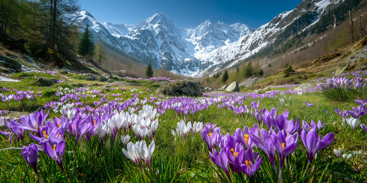 purple and white crocus flowers in spring alpine meadow with snowy mountains background