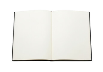 Naklejka premium A close-up view of an open, blank book with white pages and a visible spine isolated on transparent background