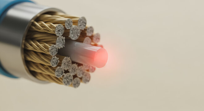 Fiber optic cable cross-section with glowing red light core, symbolizing high-speed data transmission and modern connectivity.