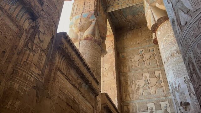 Interior of the temple of the ancient Egyptian goddess Hathor in Dendera, Egypt.