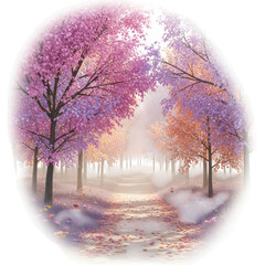 A serene pathway through trees with pink and orange leaves isolated on transparent background