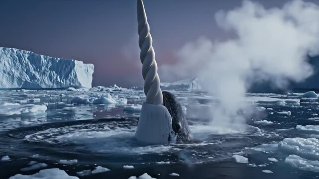 Majestic Narwhal Emerges from Arctic Ice with Spiral Tusk.