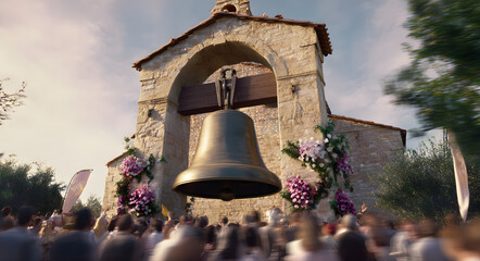 Obraz premium Easter service is marked by church bells ringing with the congregation outside.
