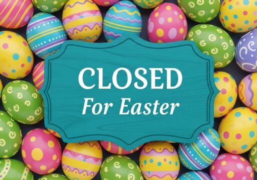 Colorful easter eggs with a sign that says closed for easter celebration holiday