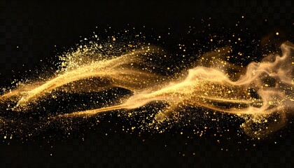 Flowing golden particles and soft light stream on a transparent background