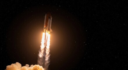Fototapeta premium A powerful rocket vehicle launching into the dark atmosphere, trailing bright orange and white smoke against the deep void of outer space and stars ,spacecraft ,smoke ,fire