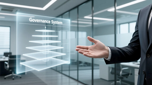 Abstract depiction of AI Governance framework and policy implementation featuring conceptual holographic planes for legal tech office compliance and enterprise control strategies