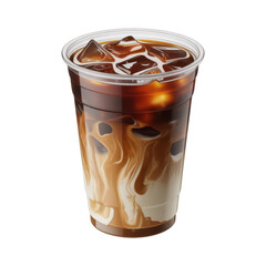 Iced coffee in a clear plastic cup with ice cubes and milk isolated on a transparent background