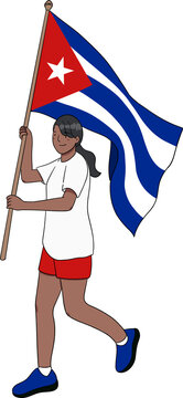 Female Athlete Running and Waving Cuba National Flag