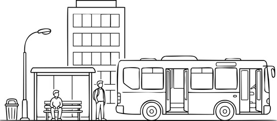 An outline illustration depicting a bus stop scene with two people waiting for a bus, a building in the background, and a bus stopped at the curb, portraying an everyday urban public transport © Nenana