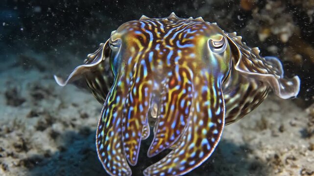 Close-up Underwater Footage of a Cuttlefish Displaying Vibrant Colors.