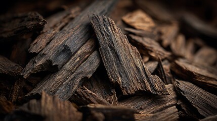 Fototapeta premium Dark textured wood chips show natural grain and earthy brown tones