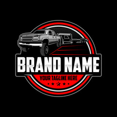 Hotshot Trucking Logo with Pickup and Bumper Pull Trailer, Heavy Duty Transport Vector Illustration