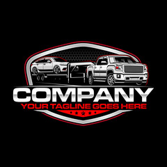 Hotshot Trucking Logo with Pickup and Bumper Pull Trailer, Heavy Duty Transport Vector Illustration