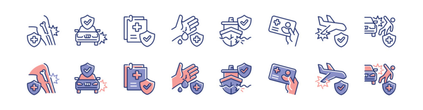Transport accident life safety icon line set. Emergency travel collision medical care protection danger risk, injury, fall, wounded damage signs vector illustration