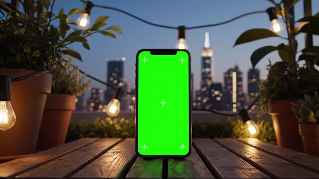 Smartphone on rooftop with cityscape background.