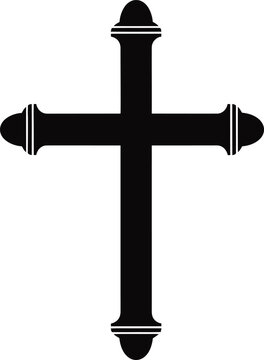 A black cross symbol with ornate details on a white background