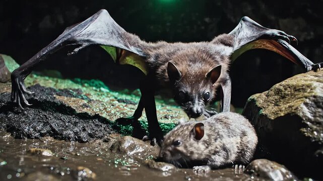 Close-up of two bats in a cave at night.