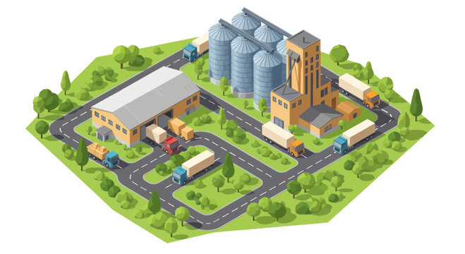 Industrial complex with silos and warehouses and trucks.