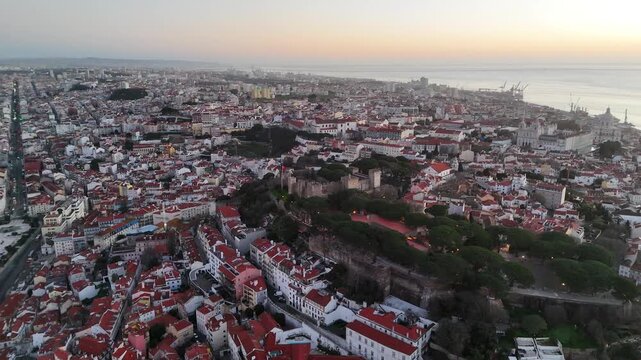 Aerial Orbit of Sao Jorge Castle at Dawn &ndash; Lisbon Skyline and Tagus River