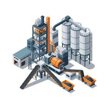 Industrial plant with silos and conveyor belts for material processing.