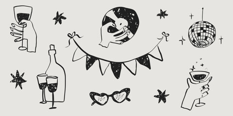 Whimsical party elements and wine sketch collection with doodle style bottles and glasses. Vintage restaurant menu icons and hand drawn decorations in chalk texture. Vector illustration. © Olga Rai