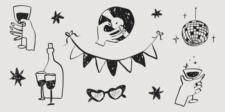 Whimsical party elements and wine sketch collection with doodle style bottles and glasses. Vintage restaurant menu icons and hand drawn decorations in chalk texture. Vector illustration.