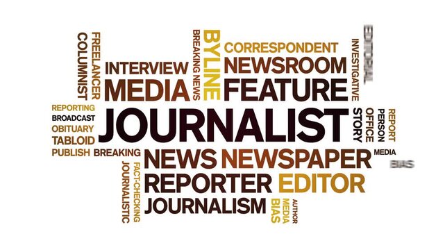 Journalist animated word cloud-text design animation tag kinetic typography seamless loop.