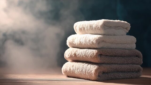 Soft Towels: A stack of neatly folded, plush towels exudes a sense of tranquility. Ideal for conveying warmth and serenity.
