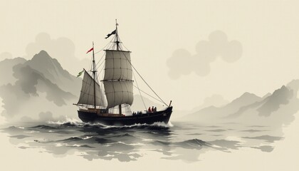 Obraz premium Mistcovered Traditional Chinese Junk Calm Sea