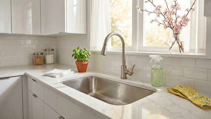 Fototapeta premium Modern kitchen countertop with stainless steel sink and plants 