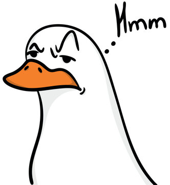 Skeptical white goose character with thinking expression and hmm text