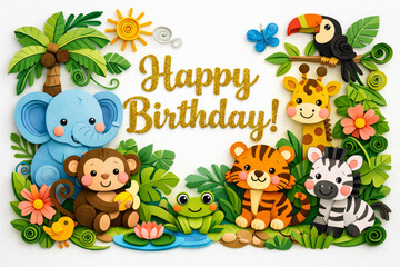 Naklejka premium Adorable Paper Cut Jungle Animals Illustration – “Happy Birthday!” Kids Vector with Gold Glitter Text