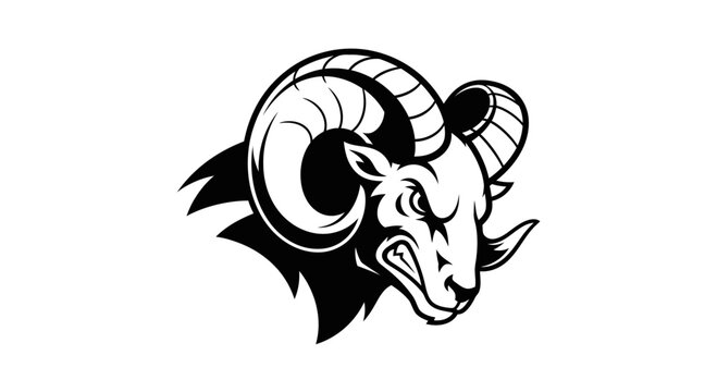 Aggressive Ram Head Mascot Logo Illustration in Black and White