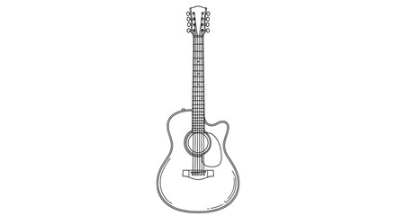 Naklejka premium Acoustic Guitar Line Art Drawing, Musical Instrument Sketch, Isolated on White Background